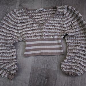 Altar'd State Cream and Tan Striped Knit Crop Top
